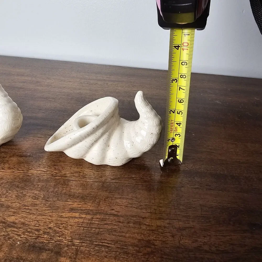 Vintage Pair of Small Speckled Ceramic Cornucopia Candle Holders - Coastal Beach
